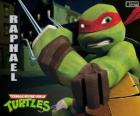 Рафаэль, более агрессивный ниндзя черепахи со своим оружием в руках, пару Сай, триединую кинжал